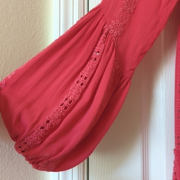 Free People Sweetest Dream Embroidered Long Puff Sleeve Tiered Tunic Top Pink XS - Picture 4 of 16